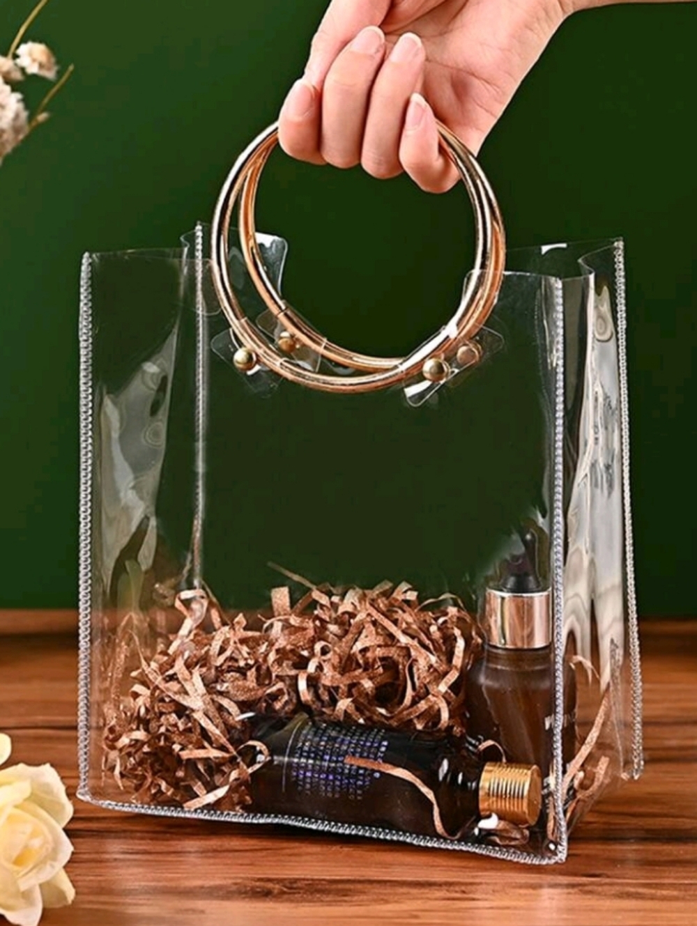 Clear Tote with Gold Ring Handles Concert Festival Stadium Vinyl Bag